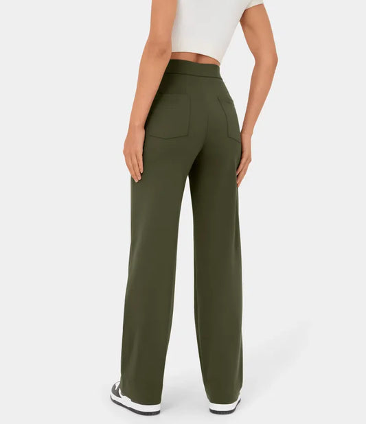 High Waisted Button Multiple Pockets Straight Leg Casual Pants