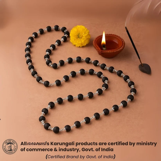 Silver Plated Karungali Malai - Natural Ebony Wood (Govt. Certified)