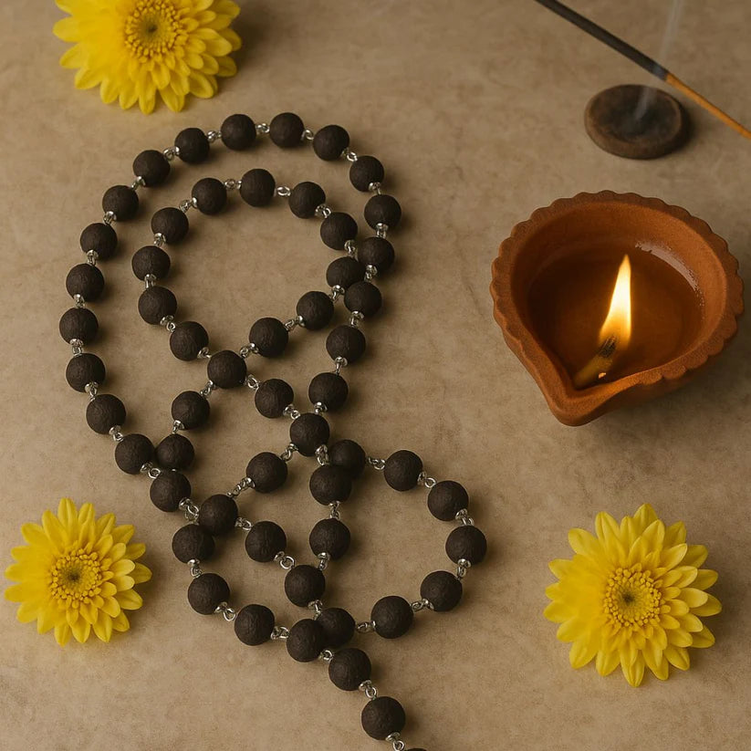 Silver Plated Karungali Malai - Natural Ebony Wood (Govt. Certified)