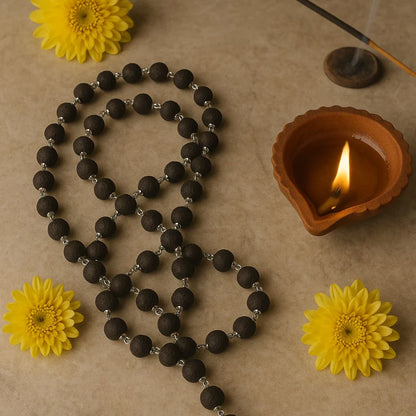 Silver Plated Karungali Malai - Natural Ebony Wood (Govt. Certified)