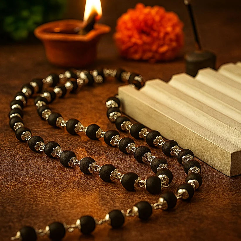 Silver Plated Karungali Malai - Natural Ebony Wood (Govt. Certified)