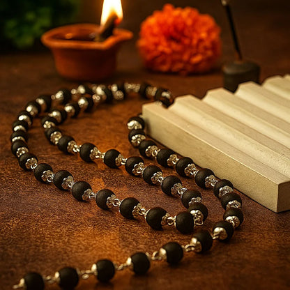 Silver Plated Karungali Malai - Natural Ebony Wood (Govt. Certified)