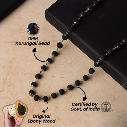 Silver Plated Karungali Malai - Natural Ebony Wood (Govt. Certified)